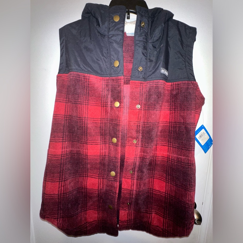 Columbia Womens Benton Springs Overlay Vest Buffalo Plaid Hooded Snap Fleece
